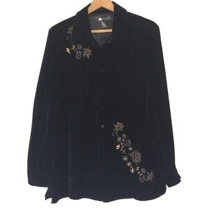 Carole Little Black Velvet Blouse with Gold Embroidery